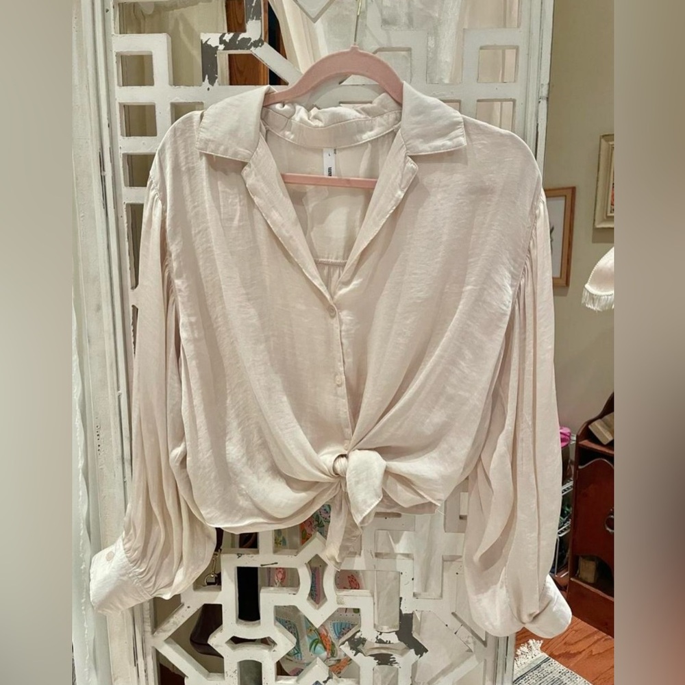 Glam Cream satiny Tie-Front Long Sleeve Blouse